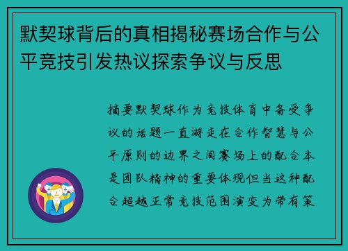 默契球背后的真相揭秘赛场合作与公平竞技引发热议探索争议与反思 默契球背后的真相揭秘赛场合作与公平竞技引发热议探索争议与反思